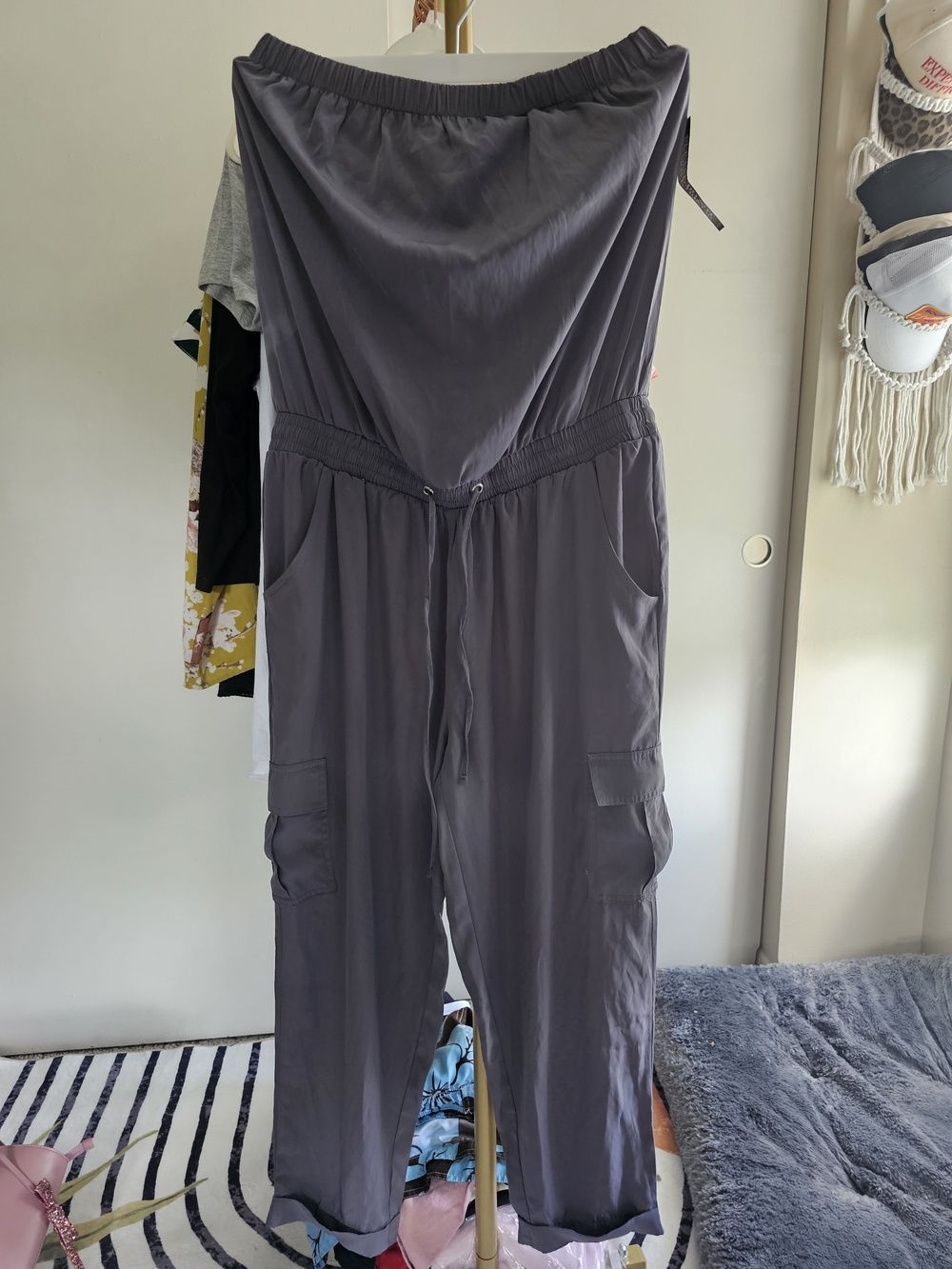 New York & Company Strapless Cargo Jumpsuit in Charcoal Gray - Picture 3 of 5